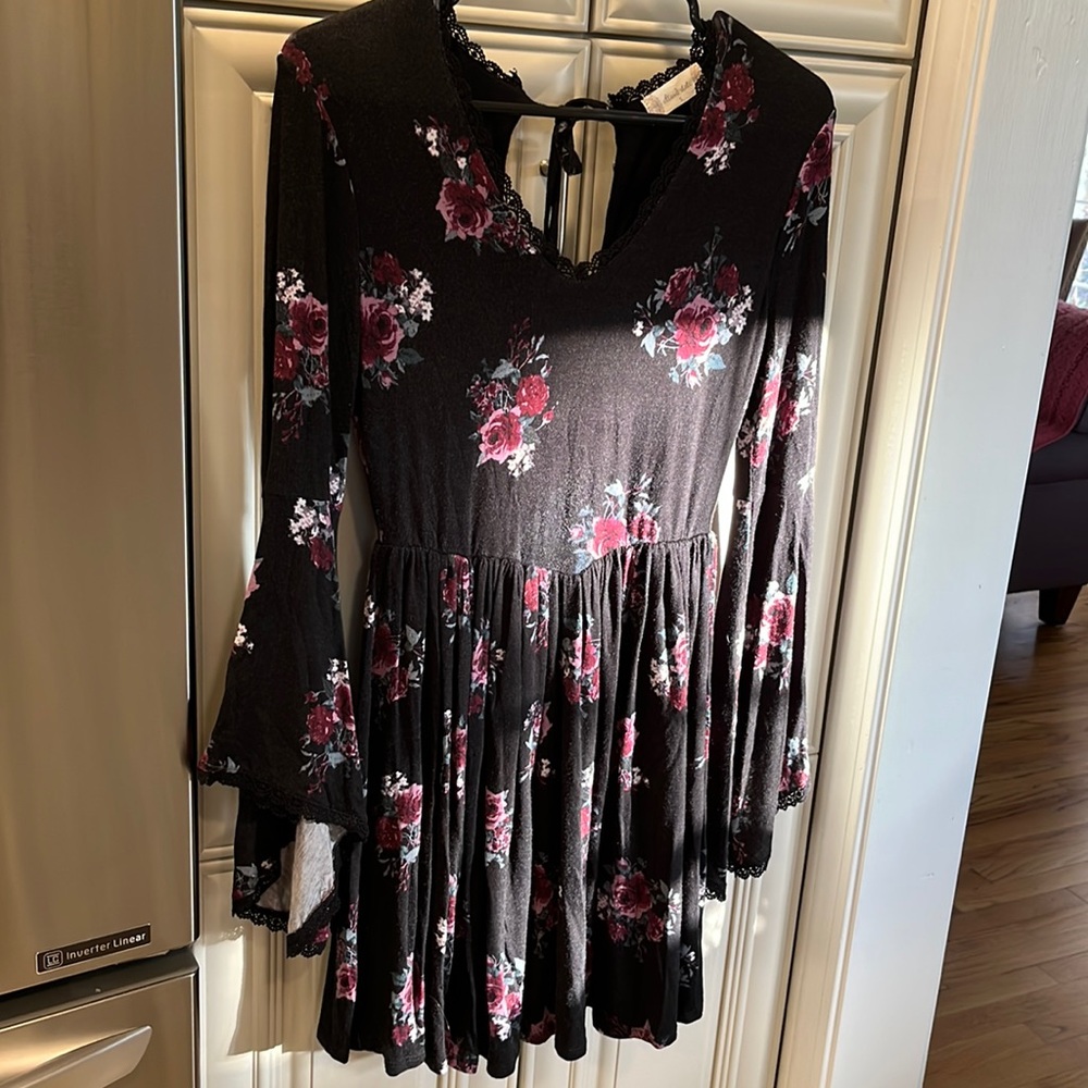Altar’d State Rayon Spandex S black with flowers dress with romantic sleeve